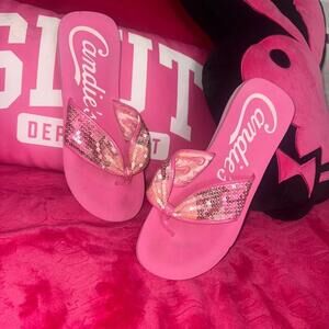 Y2K Candie’s Hot Pink Sequin Bow Wedge Flip Flops